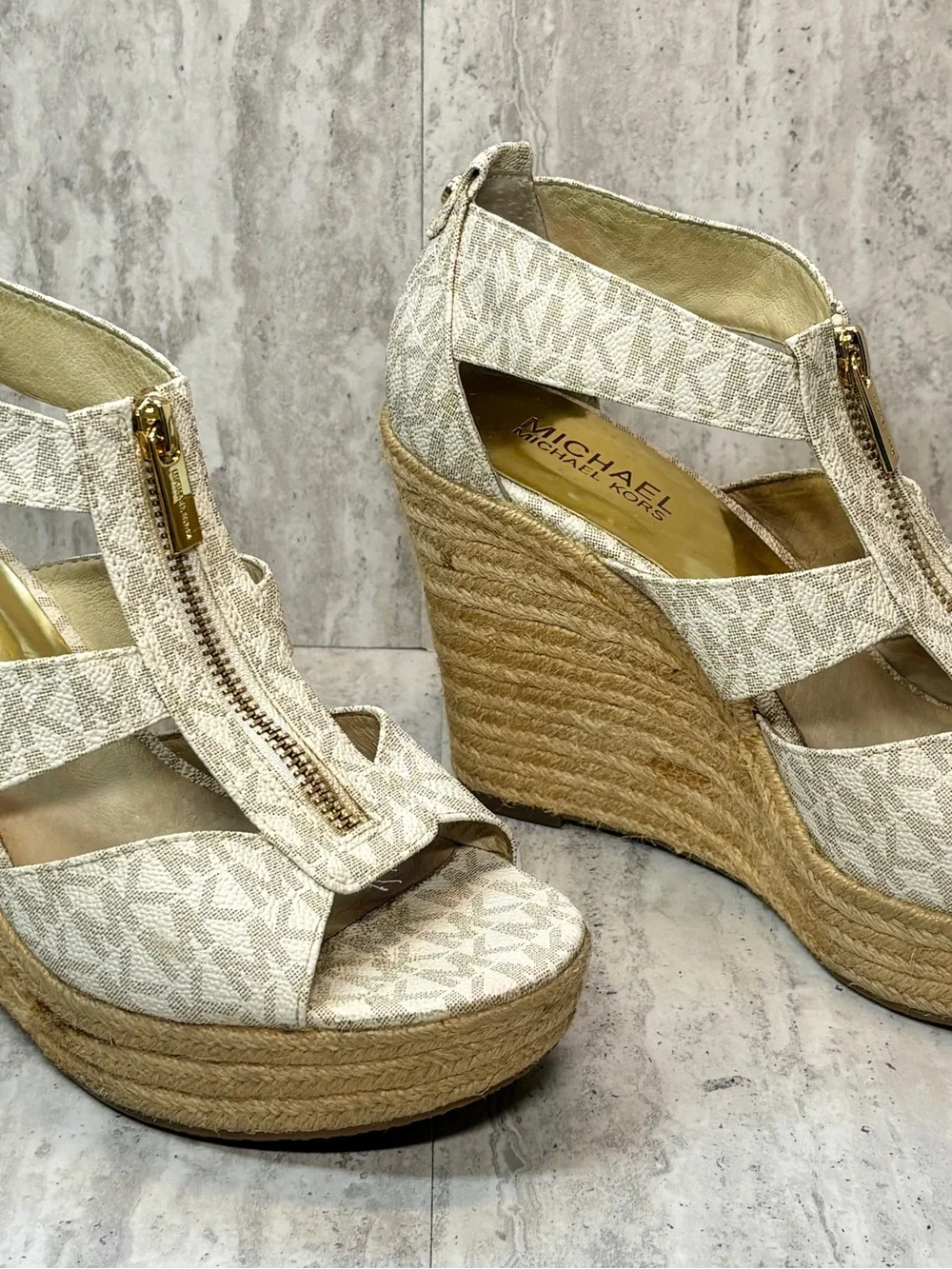 Michael Kors Damita Ivory White Logo  Zip Wedge Heels Sandals Sz 7.5M